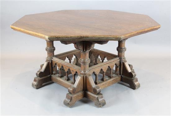 A Victorian gothic revival oak centre table, designed by Collier & Plucknett, Warwick, W.5ft D.5ft H.2ft 7in.